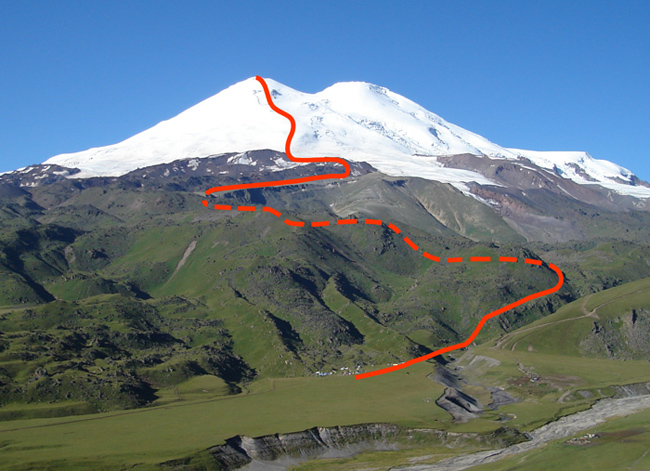 Схема подъема от альплагеря Поляна Эммануэля к Восточной вершине Эльбруса (пунктиром обозначена часть маршрута, скрытая за скальными гребнями)